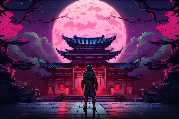 anime cartoon neon Um samurai fica na frente de um templo japonês