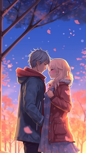 Anime casal no parque com queda de folhas generativas ai