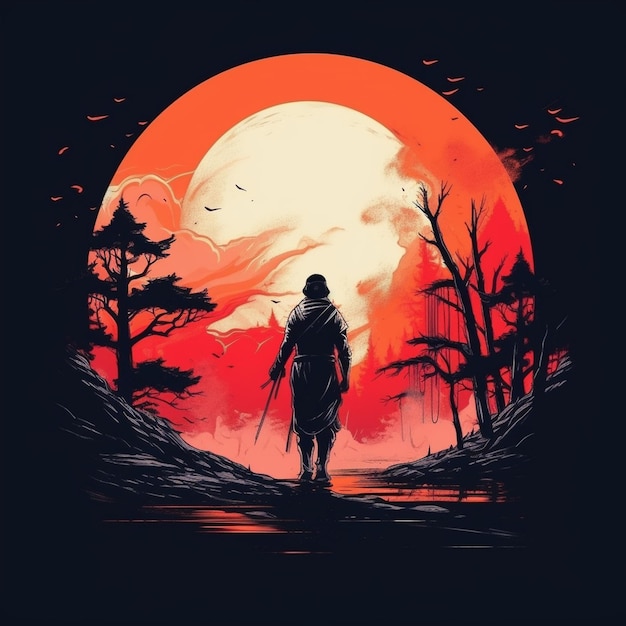 Anime-Charakter, der aus einem Berg-T-Shirt-Design auf den Vollmond starrt