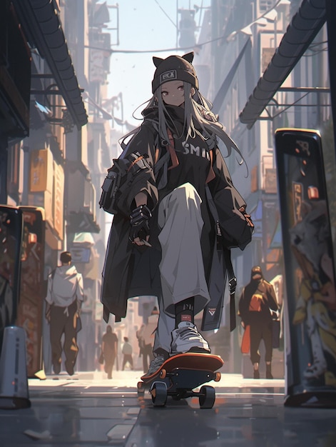 Anime-Charakter, der mit einem Skateboard eine Stadtstraße entlang fährt, generative KI