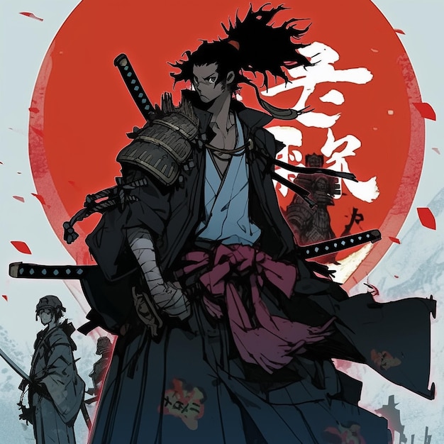 Anime-Charakter mit Schwert und Samurai, der vor einer generativen KI mit roter Sonne steht