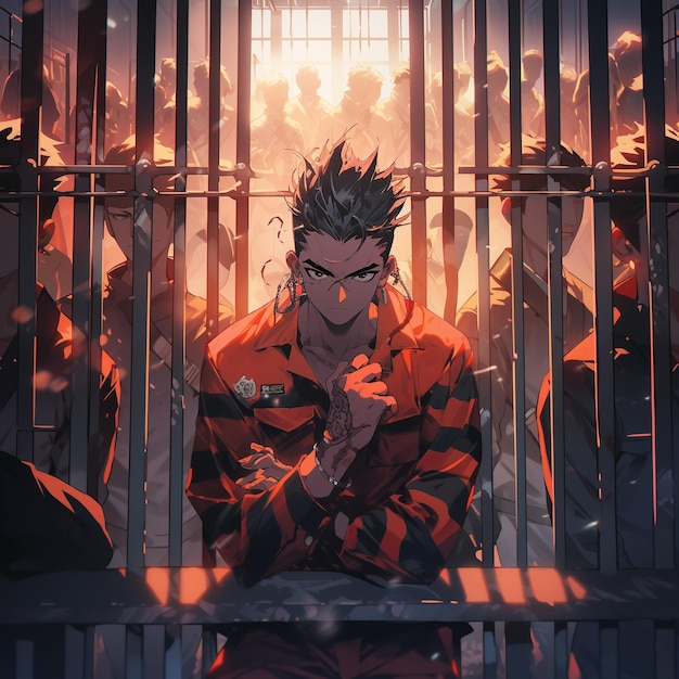 anime-charakter sitzt in einer gefängniszelle mit einem schwert in der hand generative ai