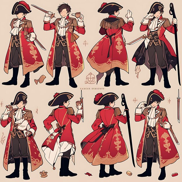 Anime-Charakterdesign Männliche Piratenkleidung Nautikal-Hochbrühe Tall Crimson und Schwarz G Konzeptkunst