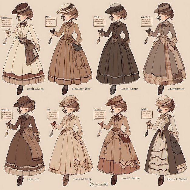 Anime-Charakterdesign weibliches Steampunk-inspiriertes Kleid viktorianisches Hochzeit Tall Coppe Konzeptkunst