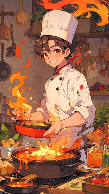 Anime Chef alegre em cocina bulliciosa