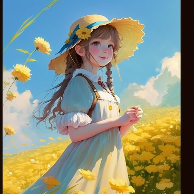 anime chica en un campo de flores con un sombrero en generativo ai