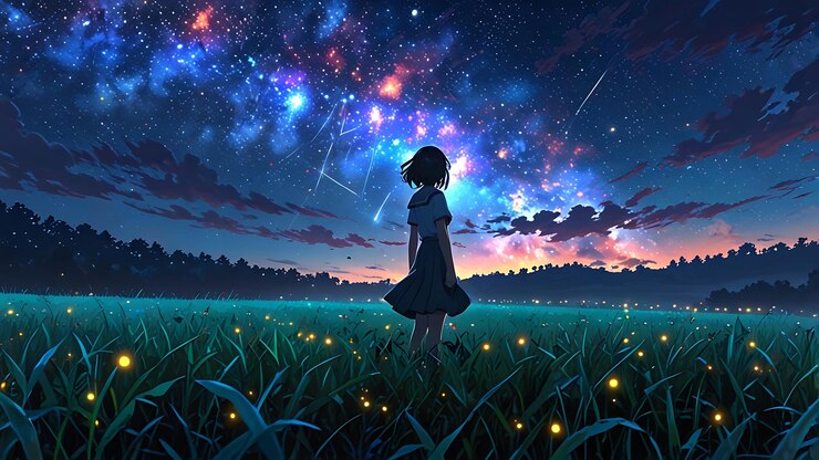 Anime la chica está de pie en el campo y mira a la galaxia IA generativa