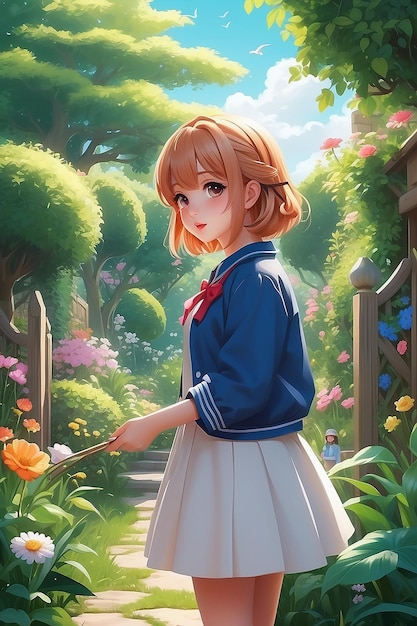 anime chica en el jardín pintura de arte digital ilustración en 3D