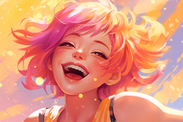 Anime chica sonriente con cabello rosa amarillo brillante estilo de dibujos animados manga concepto de verano