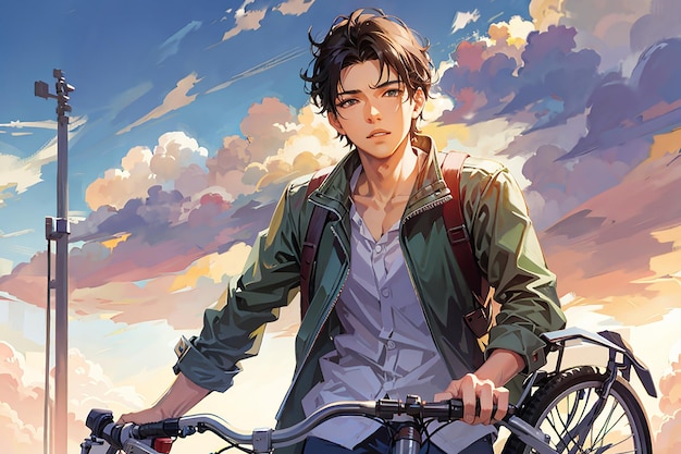 Anime chico triste parado con una bicicleta y mirando la naturaleza paisaje urbano una ciudad fondo de pantalla de escritorio