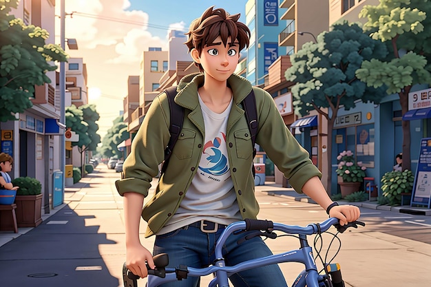 Anime chico triste parado con una bicicleta y mirando la naturaleza paisaje urbano una ciudad fondo de pantalla de escritorio