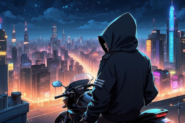 Anime chico triste parado con una bicicleta y mirando la naturaleza paisaje urbano una ciudad fondo de pantalla de escritorio