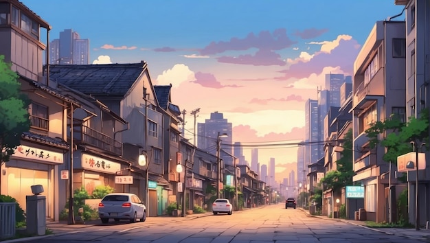 Anime colorido Japão paisagem vista de rua com humor da noite