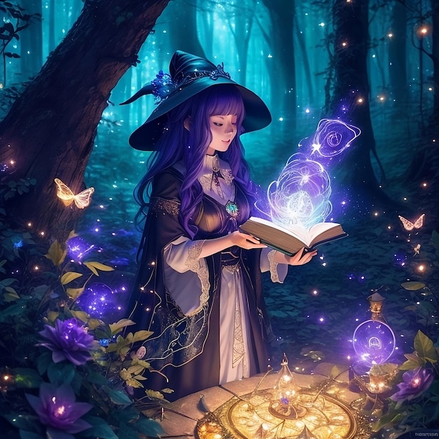 Anime com garota lançando feitiço na floresta mítica escura