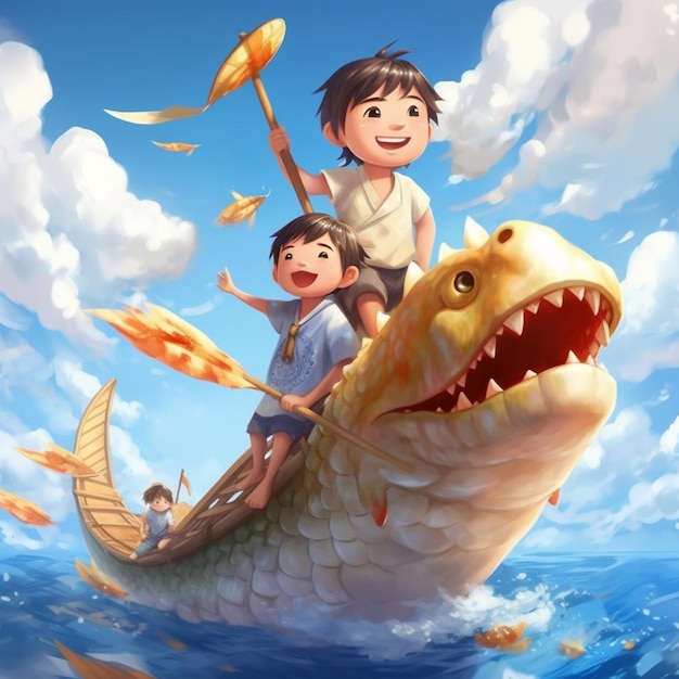 Anime crianças montando em um peixe gigante com um homem e um menino generativo ai