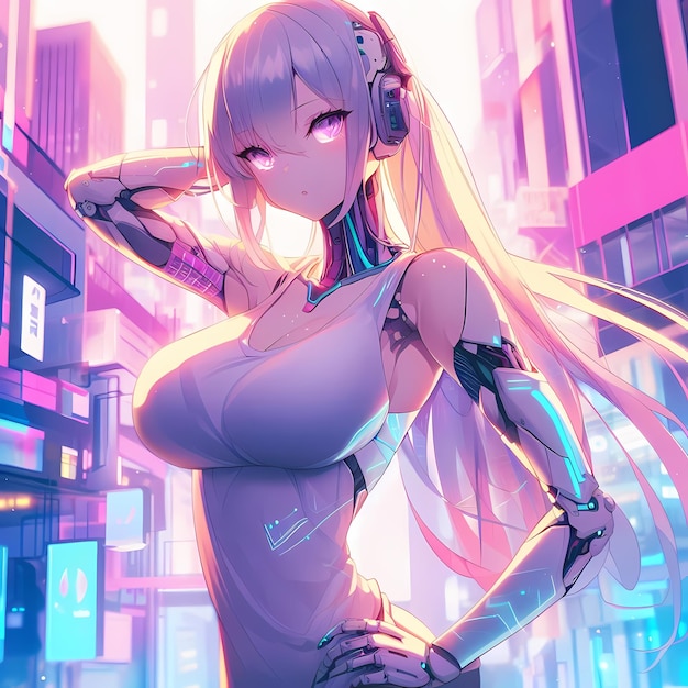 Anime Cyborg Girl em Neon Cityscape