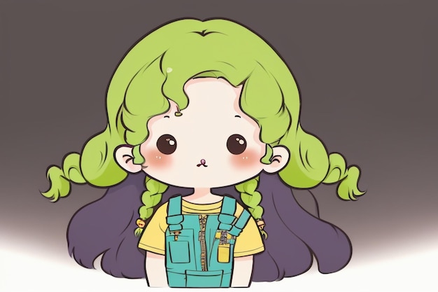 Anime de desenho animado cabelo longo olhos grandes menina vestindo macacão ilustração de papel de parede de fundo simples