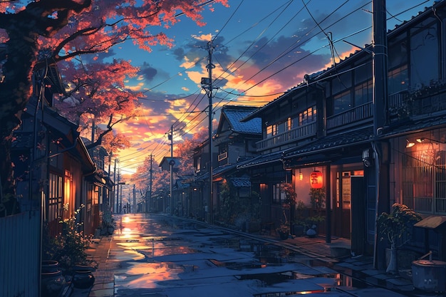 Anime de fundo cena da tarde cidade