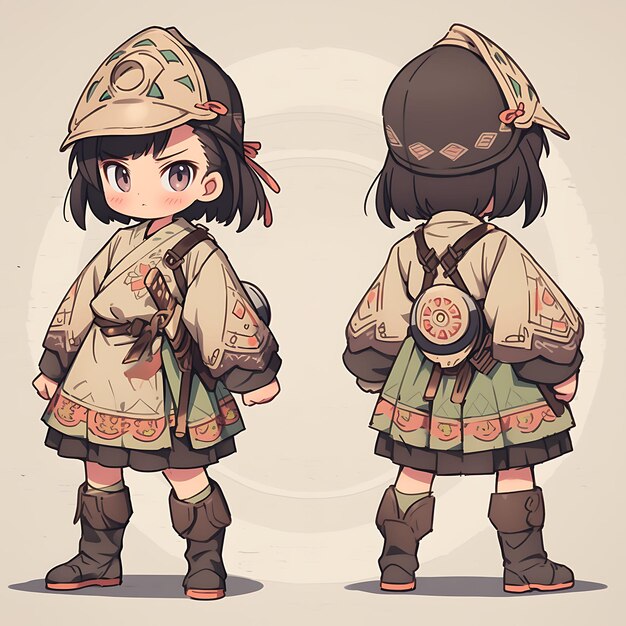 Anime de personagens femininos Chibi Kawaii Squire Fashion Túnica e calças simples Design Ea Concept Art