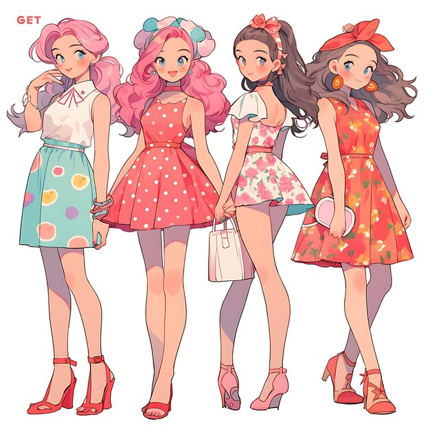 Anime de personagens femininos Retro Glam Chibi Kawaii Vintage Glamour Fashion Retro Design Concept Art