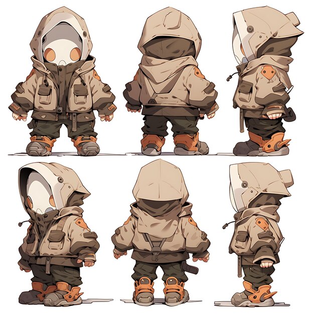 Foto anime de personagens masculinos chibi kawaii moda pós-apocalíptica tattered brown ga design concept art