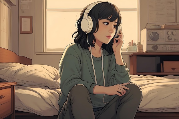 Anime desenho animado estilo manga menina bonita ouvindo música lofi com fones de ouvido