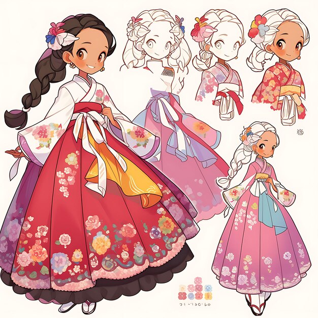 Foto anime desenho de personagens feminina hanbok coreano tradicional hanbok casamento petite vibra arte conceito