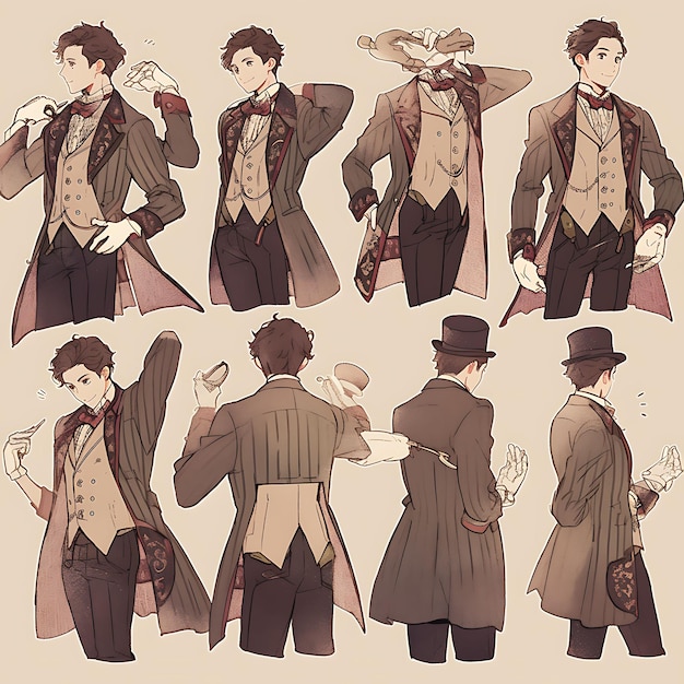 Anime Desenho de personagens masculino vitoriano Steampunk Moda de casamento Colete e Pocke Arte conceitual