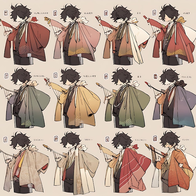 Anime Desenho de personagens Samurai masculino Moda de casamento Hakama e Haori Alto Terreno a Arte Conceitual