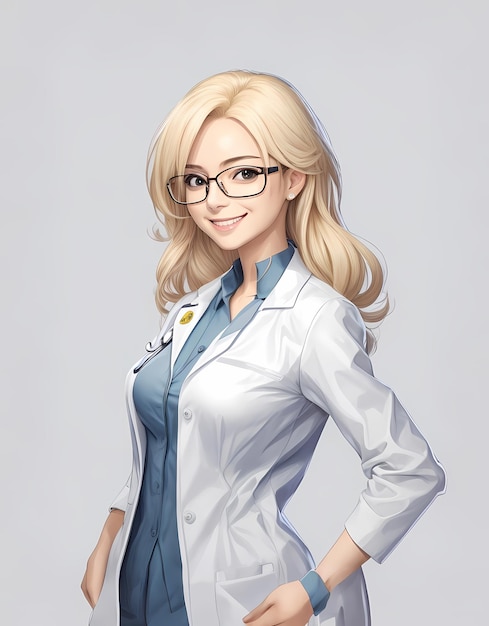 Anime doctor rubia sonriendo aislado en fondo blanco