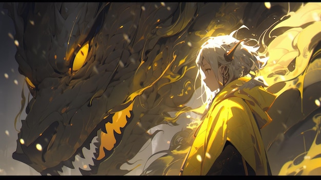 un anime y un dragón en amarillo