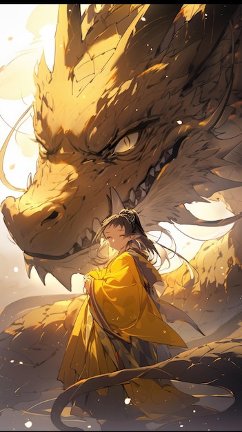 un anime y un dragón en amarillo