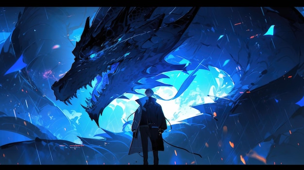 un anime y un dragón en azul