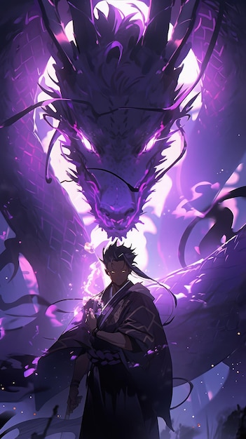 un anime y un dragón en púrpura