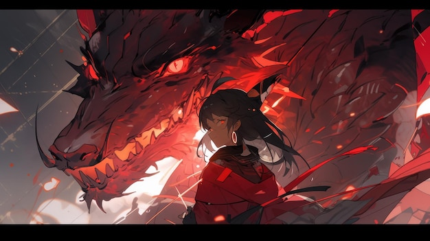 un anime y un dragón en rojo