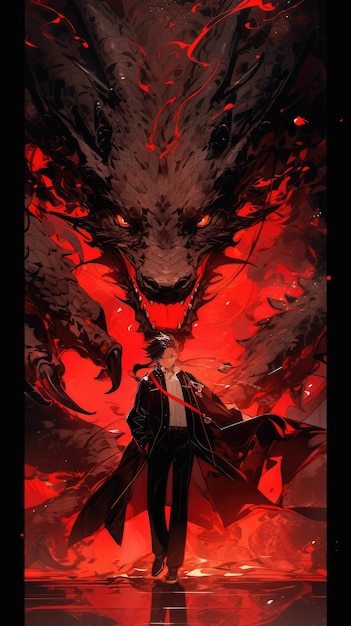 Foto un anime y un dragón en rojo