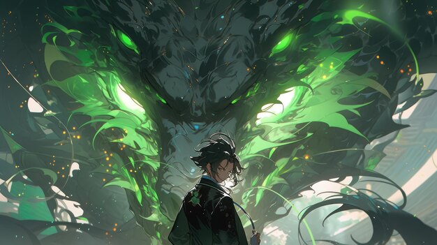 un anime y un dragón en verde