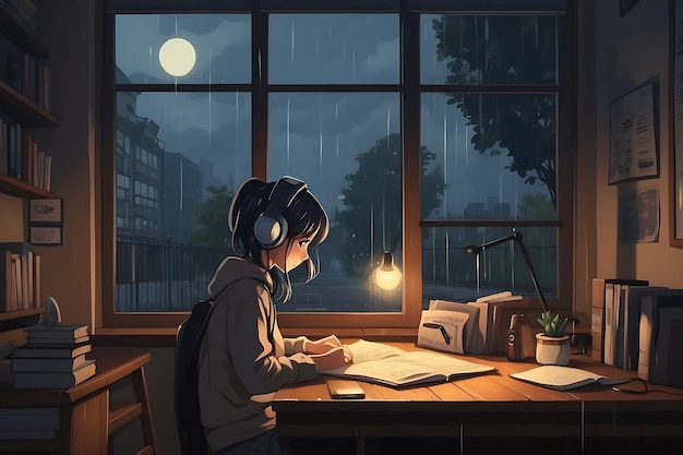 Anime estilo cartoon manga chica linda escuchando música lofi con auriculares