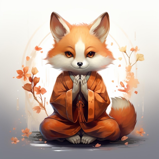 anime fox com manto laranja sentado em posição de lótus com as mãos entrelaçadas generativ ai