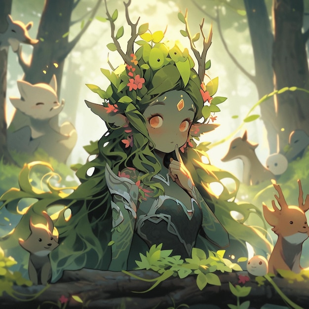Anime garota com cervos e flores em uma floresta generativa ai