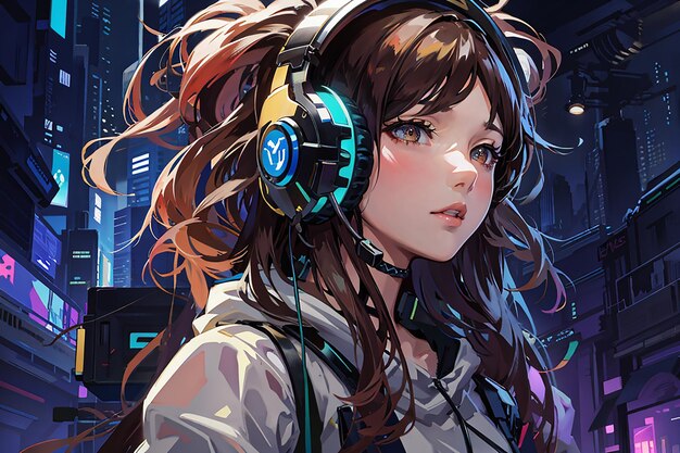 Menina de anime com fones de ouvido ouve música retrato de