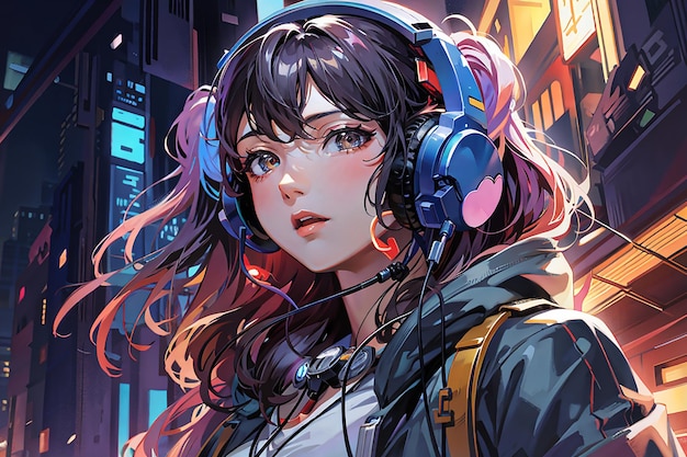 Menina de anime com fones de ouvido ouve música retrato de