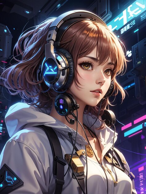 Menina de anime com fones de ouvido ouve música retrato de