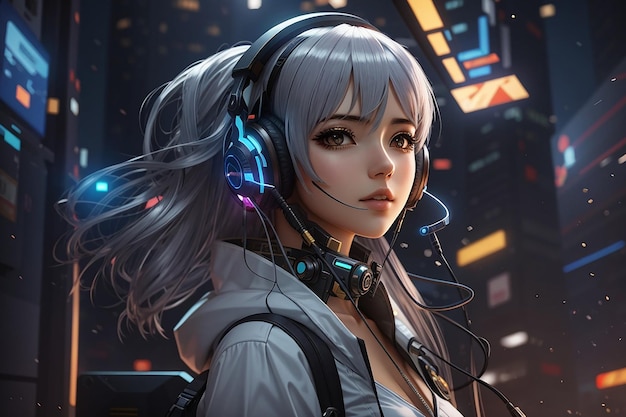 Menina de anime com fones de ouvido ouve música retrato de