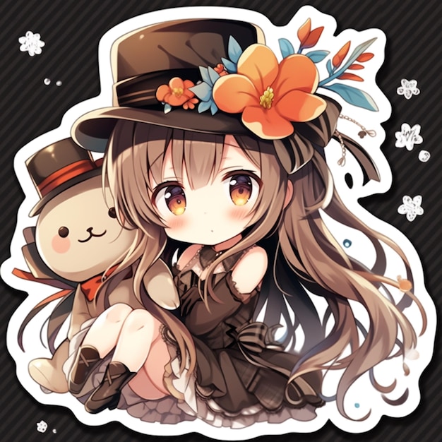 Anime garota com um chapéu e um ursinho de pelúcia generativo ai