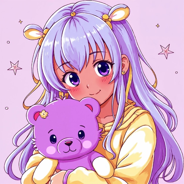 Anime Garota de Cabelos Púrpura e um Ursinho de Peluche