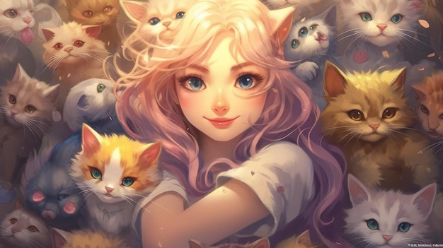 Anime garota e gatos