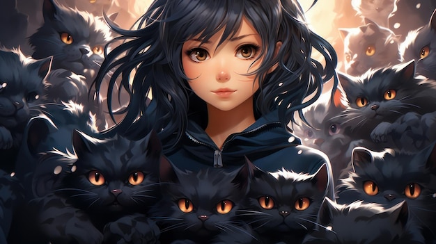 Anime garota e gatos