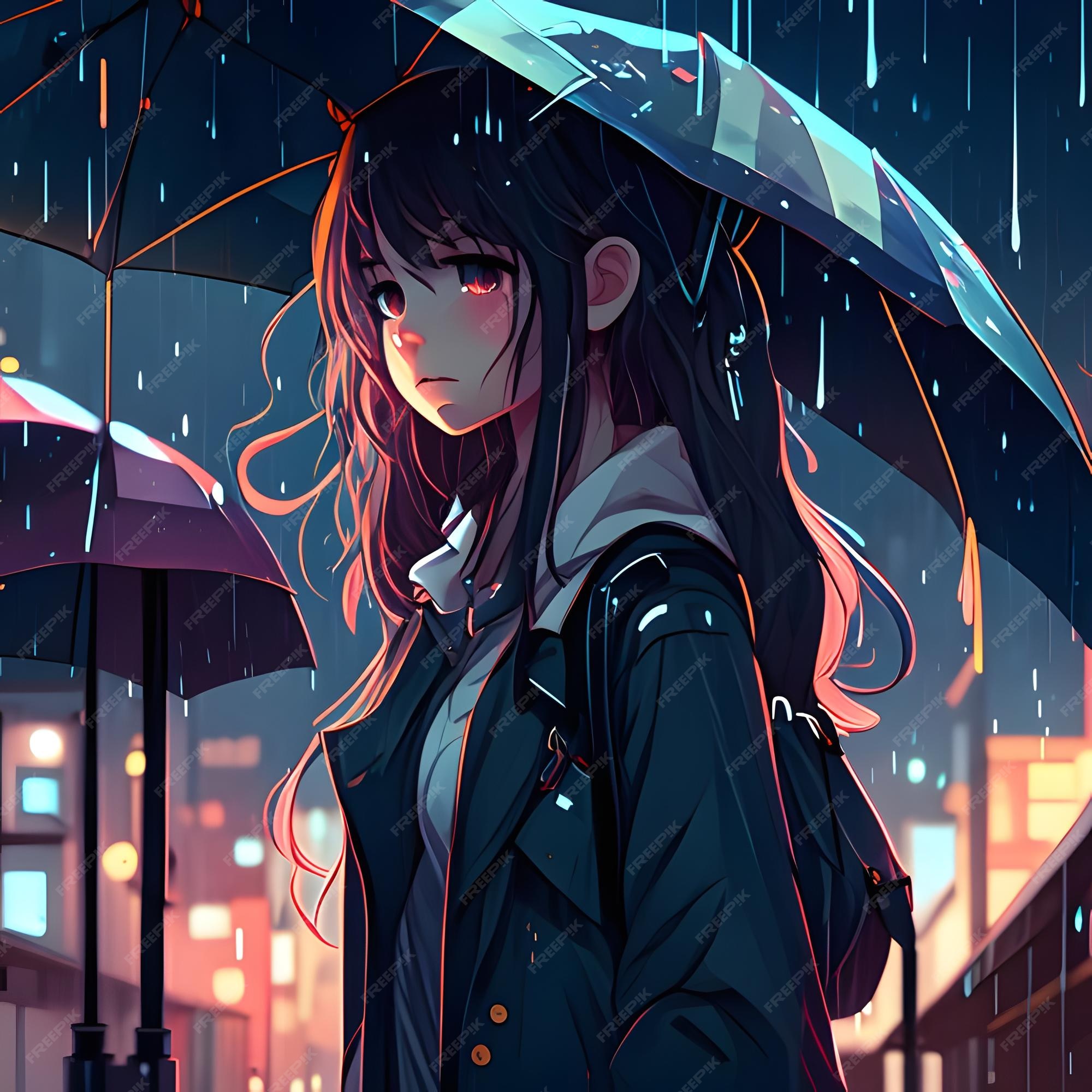 Anime garota triste na ilustração da chuva