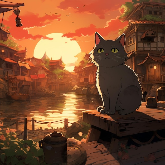 Anime gato sentado en un muelle mirando la puesta de sol generativa ai